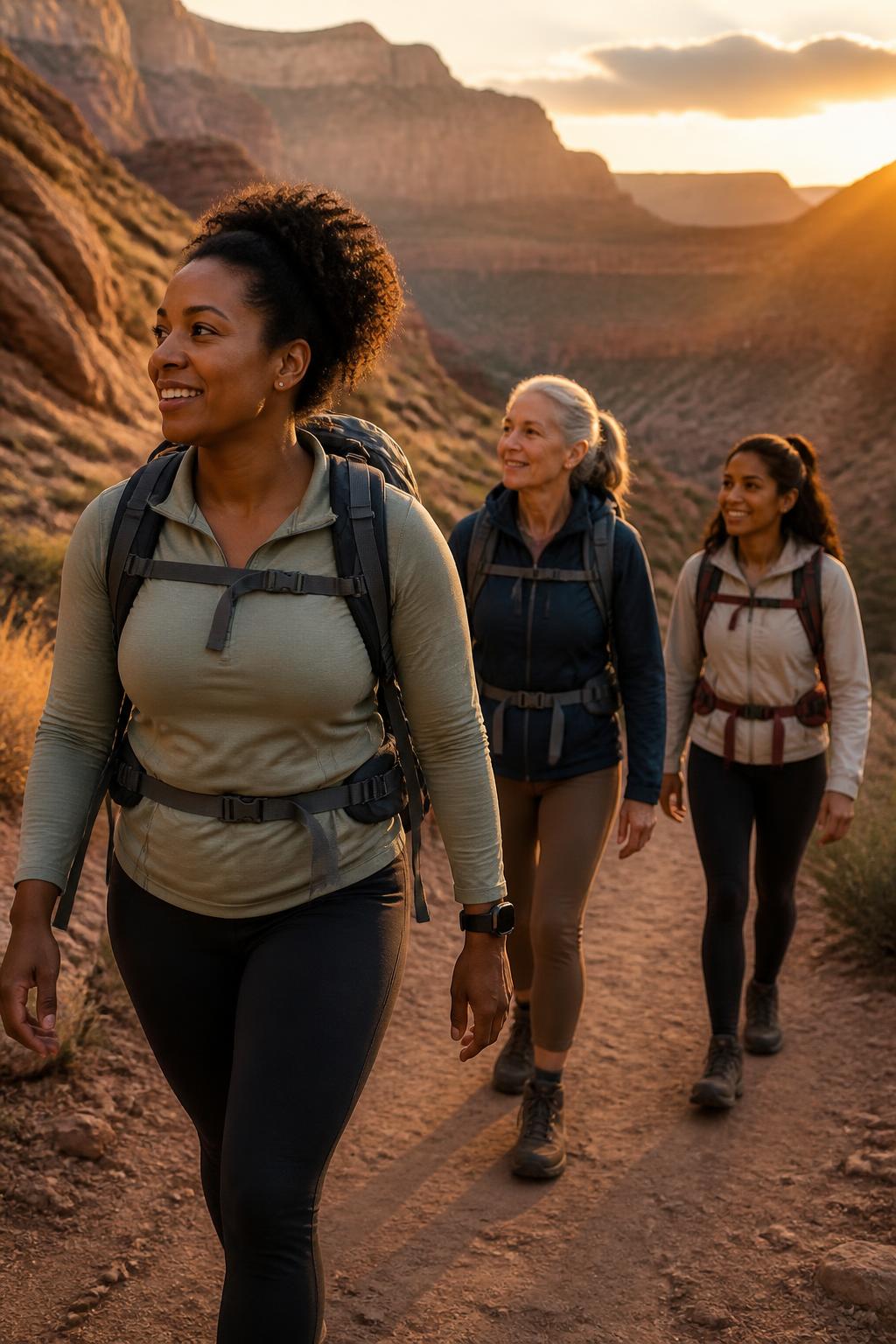Hikers with backpacks on a desert ridge trail at golden hour