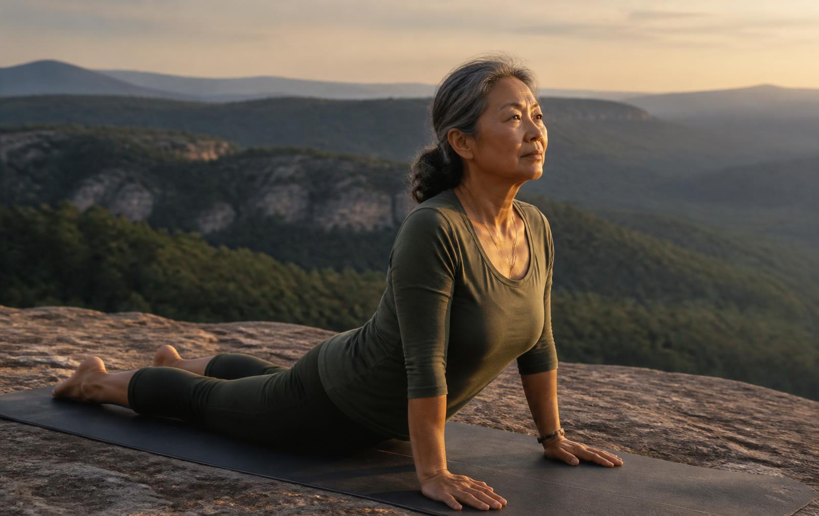 Two adults in a gentle seated yoga twist on a grassy overlook